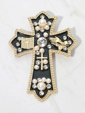 Pearl Crystal Embellished Ornate Cross Pin Brooch Black Background
